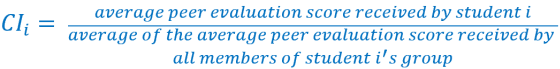 CIi= average peer evaluation score received by student i over average of the average peer evaluation score received by all members of student i's group