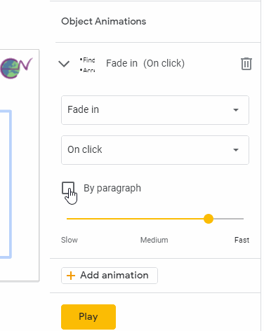 The Object Animations sub-menu appears when you choose Insert / Animation in Google Sheets