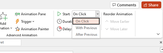 The animation timing section of PowerPoint's Animation toolbar