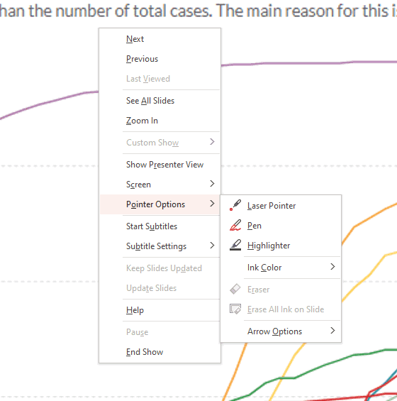 The right-click menu during a Powerpoint presentation includes a menu of Pointer options.